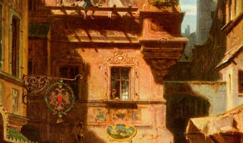 Carl Spitzweg: Kunst und Wissenschaft. um 1880, Öl auf Leinwand, 56,5 × 35 cm. Privatsammlung