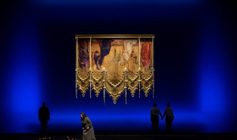 Thomas Walker (Adamo), Birgitte Christensen (Eva), Kristina Hammarström (Caino) und Olivia Vermeulen (Abele). Foto: Monika Rittershaus