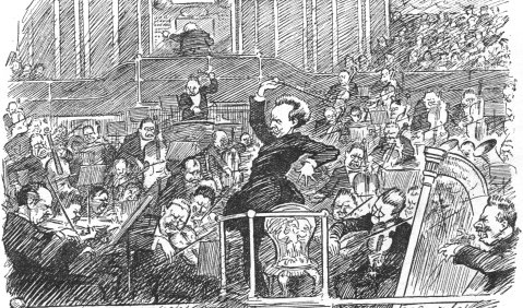 Karikatur zur Strauss-Premiere bei den Berliner Philharmoniker.