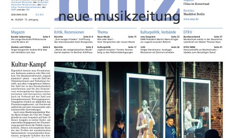 Die Titelseite der nmz. Mit dem linken Leiter „Kultur-Kampf“ zu den Jugend musiziert Reformen und dem Leitartikel „Schönberg und die Taliban“ zu Komponist:innen im Exil.