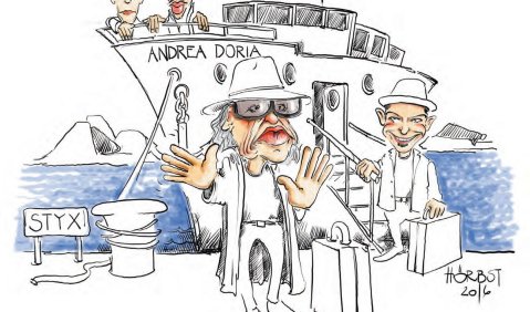Schon seit Längerem auf der Passagierliste entschließt sich Udo Lindenberg Jahr für Jahr auf‘s Neue, die letzte Reise doch (noch) nicht anzutreten. Auch wenn die Gesellschaft 2016 wirklich angenehm wäre. Karikatur: Rupert Hörbst