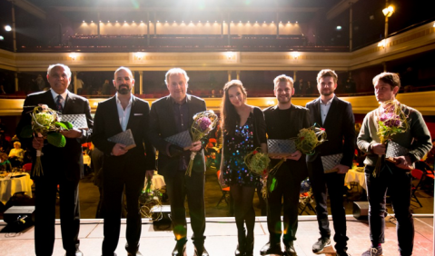 Die Preisträger des DEUTSCHEN FILMMUSIKRPEISES 2017, vlnr: Trevor Jones, Oli Biehler, Harold Faltermeyer, Caroline Adler, David Reichelt, Nicolai Krepart, Simon Rummel.  © Presse,  Joachim Blobel