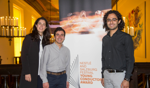 Marie Jacquot, Nuno Coelho und Kerem Hasan (v.l.n.r.) stehen im Finale des Nestlé and Salzburg Festival Young Conductors Award 2017. © Salzburger Festspiele / Andreas Kolarik