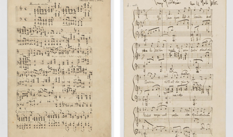 Friedrich Nietzsche, Ermanarich / Symphonische Dichtung.“, Klavierfassung zu zwei Händen, Michaelis 1862 (links), Junge Fischerin, für Singstimme und Klavier (Text: Friedrich Nietzsche), 1. Fassung, 11. Juli 1865 (rechts). Foto: Klassik Stiftung Weimar