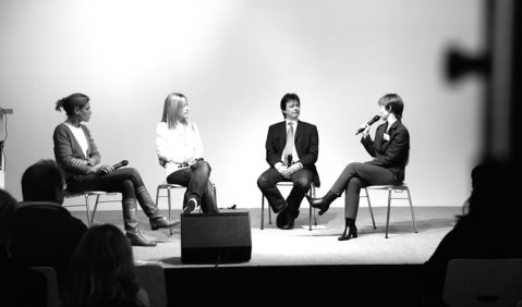 Messetalk im Content Corner III (v.li.): Daniela Geißler (RTL II), Gracia Baur, Ulf Werner (Konzerthaus am Gendarmenmarkt), Barbara Haack (neue musikzeitung). Foto: Johannes Radsack