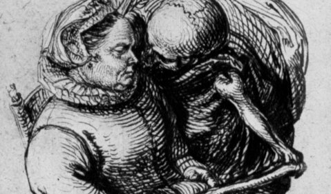 Jacob de Gheyn: Frau und Tod. 1600, Feder in Braun, auf Papier, 16 × 13 cm. Amsterdam, Rijksmuseum, Rijksprentenkabinet.