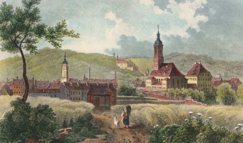Friedrich Julius Umbach: Gera, Gesamtansicht, im Hintergrund Schloss Osterstein, um 1850, Stahlstich, koloriert. 
