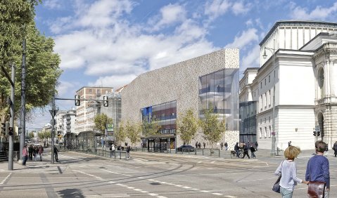 So soll das Staatstheater Augsburg 2029 aussehen: Visualisierung der Ansicht Volkhartstraße vom Kennedyplatz aus. Foto: Stadt Augsburg 