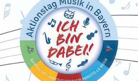 Das Logo des Aktionstag Musik in Bayern. Ein Kreis, der neben dem Titel auch den Schriftzug "Ich bin dabei!" und eine nach unleserlich generierter KI-Schrift aussehende Girlande am unteren Ende des Kreises zeigt.