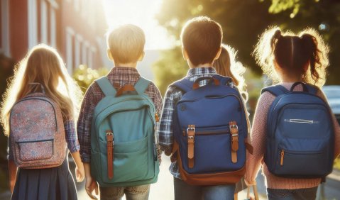 4 Kinder laufen der Sonne entgegen mit Schulränzen auf ihren Rücken.