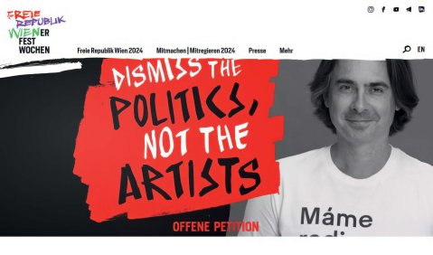Screenshot von der Petitionshomepage "Dismiss the Politics, not the Artists" steht dort.