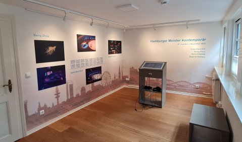 Ein Blick in die „Sonderausstellung“ im Hamburger Komponistenquartier – fünf Bilder, ein Partiturausschnitt, eine Stele mit Monitor und … © Ralf-Thomas Lindner