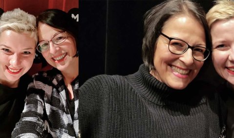 Ein &bdquo;Vorher-Selfie&ldquo; im Februar 2019 w&auml;hrend des ECLAT Festivals, in dem Maria Kalesnikava die M&ouml;glichkeiten sozialer Medien f&uuml;r die Neue Musik erprobt hat. Ein &bdquo;Nachher-Selfie&ldquo; j&uuml;ngst bei einem  Ultraschall-Konzert in Berlin: Maria Kalesnikava (erst links, dann rechts) und unsere Autorin und ECLAT-Chefin Christine Fischer. 