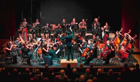 Bühnengeschehen während eines Orchesterkonzerts in einem Theater/dunklen Konzertsaal frontal aus dem Rang fotografiert: Die Musiker:innen tragen schwarz.