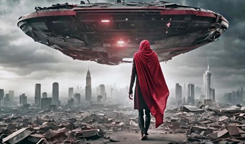 Ein Ufo über einer zerstörten Stadt. Davor die Rückseite einer Person in rotem Umhang.