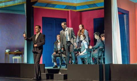 Glucks „Iphigenie auf Aulis“ als Teil eines Pasticcios mit Karl Andrej Beier, Tomás García Santillán, Floriane Petit und Ensemble der HfM Karlsruhe. Foto: Liv-Berit Heinz, Björn Strasser/HfM