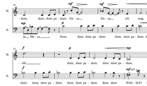 &bdquo;Kirsas Musik&ldquo; von Thierry Tidrow &ndash; Ausschnitt aus der Partitur, Seite 44, Takte 10 ff.. Abdruck erfolgt mit freundlicher Genehmigung des Komponisten.
