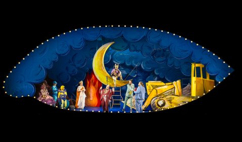 Emily Hindrichs (Freia), Tuomas Katajala (Froh), KS Miljenko Turk (Donner), Bettina Ranch (Fricka), Mauro Peter (Loge), Jordan Shanahan (Wotan), Lucas Singer (Fafner), Christof Seidl (Fasolt). Foto: © Matthias Jung