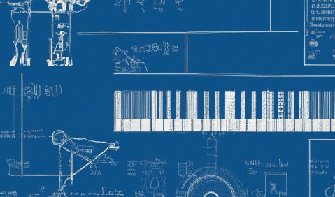 Optische wie eine technische Blaupause aussehend sieht man eine Mischung aus digitalen Schnittstellen und Musiker:innen beziehungsweise Instrumenten und Linien dazwischen.