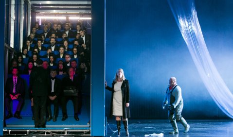 PETER GRIMES. István Kovács als Swallow, Stefan Thomas als Reverend Horace Adams, Enrico Sartori als Dr. Crabbe, Edith Haller als Ellen Orford, Gerhard Siegel als Peter Grimes, Chor. Foto: © Thomas Dashuber