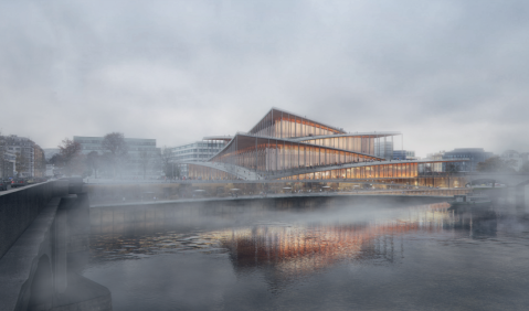 Prag will bis 2032 neue «Moldau-Philharmonie» bauen. Foto: Bjarke Ingels Group, vltavskafilharmonie.cz/cs